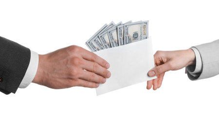 Money exchange. Man giving envelope with dollar banknotes to woman on white background, closeup