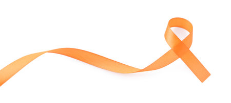 Orange awareness ribbon isolated on white, top viewの写真素材