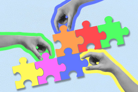 Hands putting jigsaw puzzle pieces together on color background. Stylish art collageの写真素材