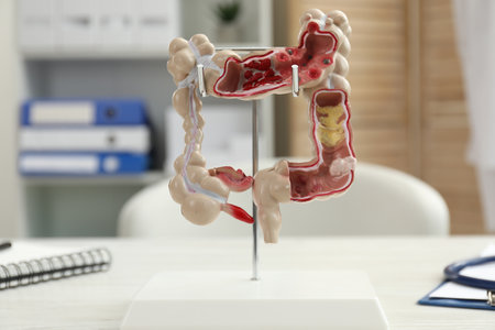 Model of large intestine on white table in clinic, closeup