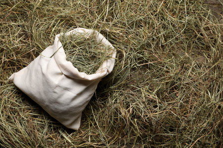 Dried hay in burlap sack on wooden table, top view. Space for textの写真素材