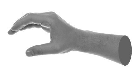 Man's hand holding something on white background. Black and white effect