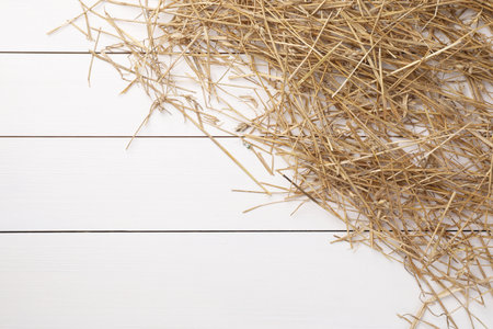 Dried straw on white wooden table, top view. Space for text