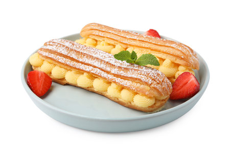 Delicious eclairs filled with cream, strawberries and mint isolated on white