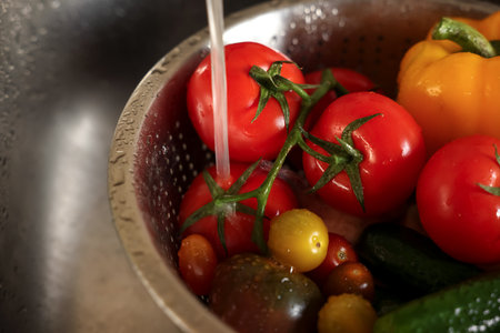 Washing different vegetables with tap water in metal colander inside sink, closeupの写真素材