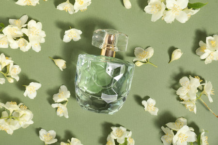 Aromatic perfume in bottle among beautiful jasmine flowers on pale green background, flat lay