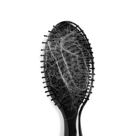 Brush with lost hair isolated on white, top viewの写真素材