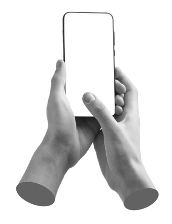 Man's hand holding mobile phone with empty screen isolated on white. Black and white effectの写真素材
