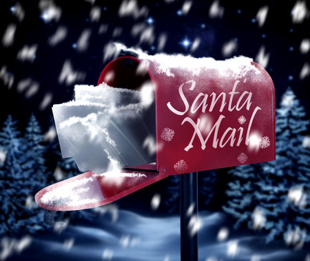 Mailbox with letters for Santa Claus under falling snow outdoors. Christmas traditionの写真素材