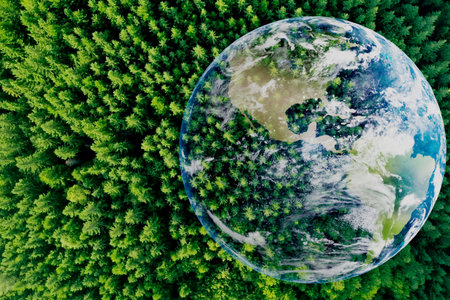 Save the planet. Aerial view of coniferous forest and planet Earth, double exposureの写真素材