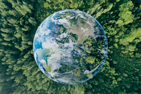 Save the planet. Aerial view of coniferous forest and planet Earth, double exposureの写真素材