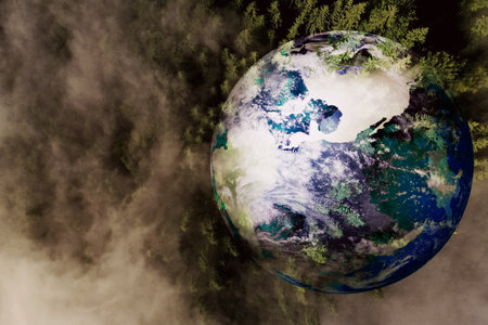 Save the planet. Aerial view of coniferous forest and planet Earth, double exposure