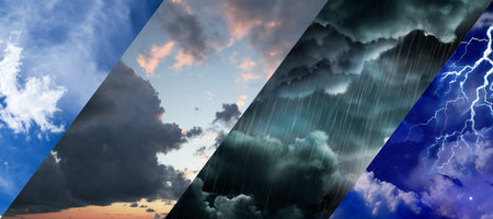 Forecast concept. Collage of photos with different weather conditionsの写真素材