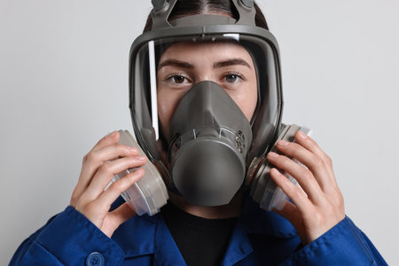 Worker in respirator mask on grey background