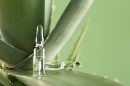 Skincare ampoules on aloe vera against light green background, closeupの写真素材