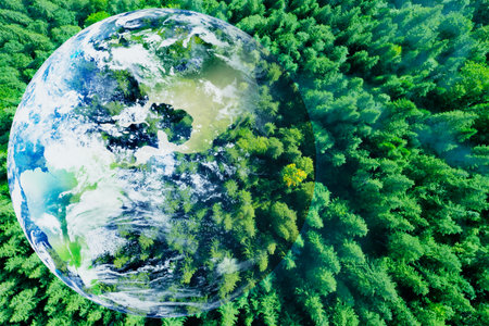 Save the planet. Aerial view of coniferous forest and planet Earth, double exposureの写真素材