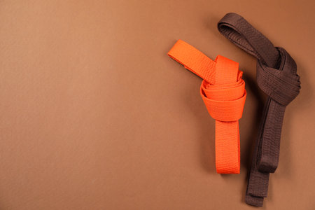 Colorful karate belts on brown background, flat lay. Space for textの写真素材