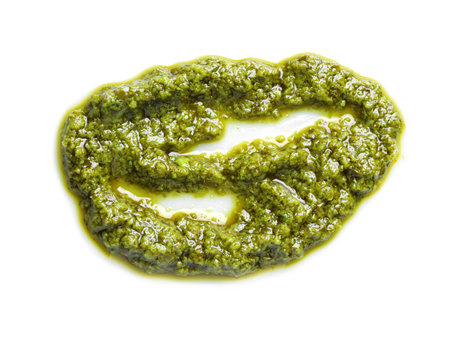 Sample of tasty pesto sauce isolated on white, top viewの写真素材