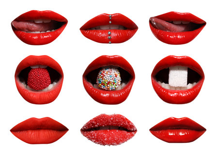 Beautiful female lips with bright makeup on white background, collage of photosの写真素材