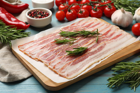 Slices of raw bacon and fresh products on light blue table, closeupの写真素材