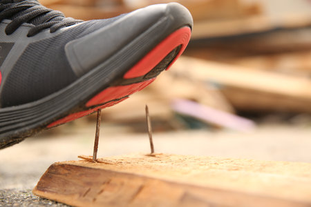 Careless worker stepping on nail in wooden plank outdoors, closeup. Space for textの写真素材