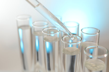 Dripping liquid from pipette into test tube on light background, closeupの写真素材