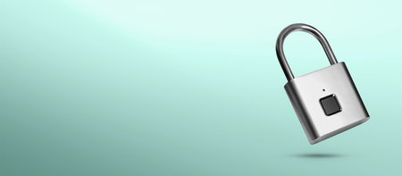 Modern fingerprint padlock in air on turquoise gradient background, banner design. Space for text
