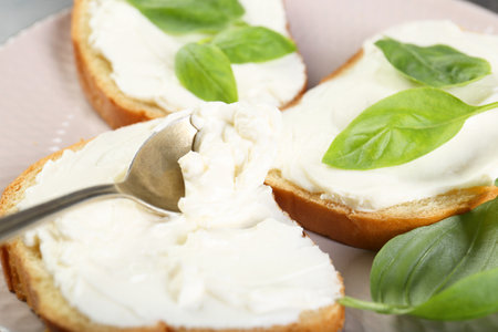 Delicious sandwiches with cream cheese and basil leaves on plate, closeupの写真素材
