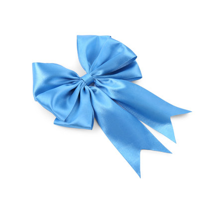 Light blue satin ribbon bow isolated on whiteの写真素材
