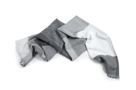 One beautiful checkered scarf on white background, top viewの写真素材