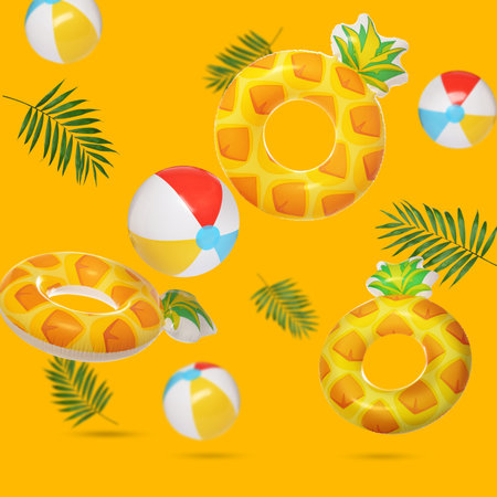 Summer party. Inflatable rings, balls and palm leaves in air on orange background