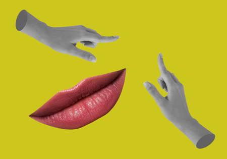 Female lips and hands on yellowish green background, stylish art collageの写真素材