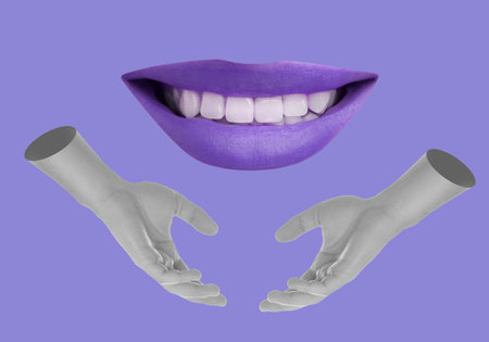 Female lips and hands on pale blue background, stylish art collageの写真素材