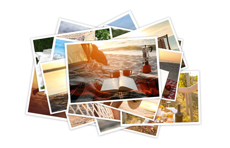 Summer vibes. Collection of many seasonal photos on white background