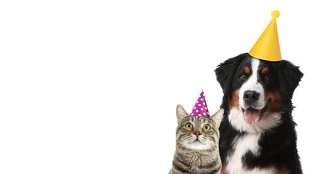 Cute dog and cat with party hats on white background, banner design. Space for text