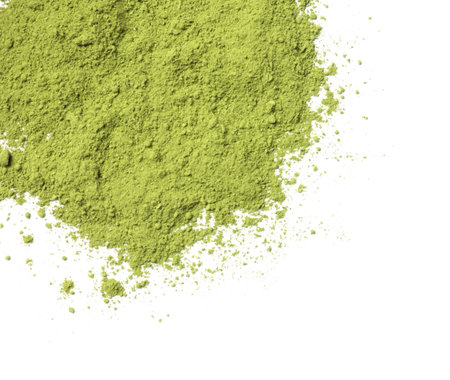 Green matcha powder isolated on white, top viewの写真素材