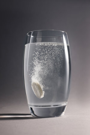 Effervescent pill dissolving in glass of water on gray background