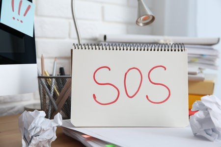 Notebook with word SOS and stationery on wooden table at workplace