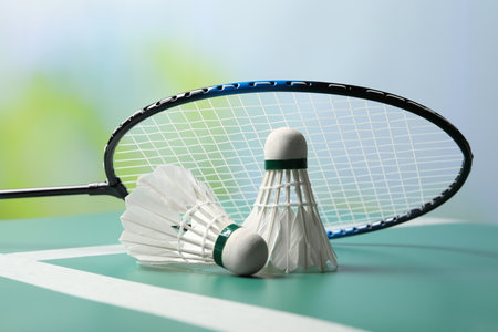 Feather badminton shuttlecocks and racket on green table against blurred background, closeupの写真素材