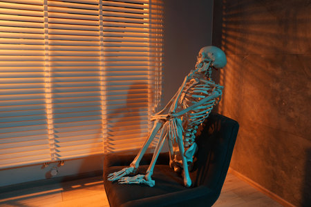 Waiting concept. Human skeleton sitting in armchair indoors, space for text