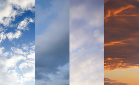 Different weather conditions due to season changing. Collage with photos of sky
