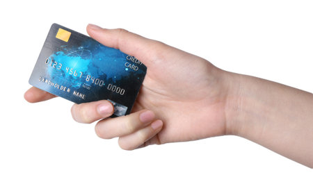 Woman holding credit card on white background, closeupの写真素材
