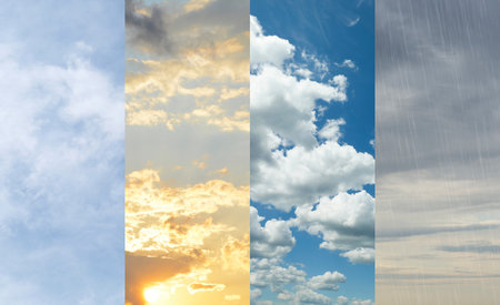 Different weather conditions due to season changing. Collage with photos of sky