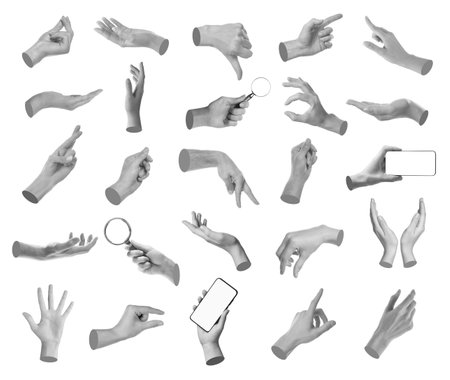 Set of different hand gestures isolated on white, black and whiteの写真素材
