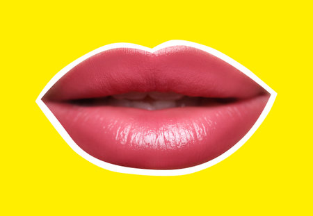 Beautiful woman's lips with white outline on yellow background. Magazine cutout, stylish designの写真素材