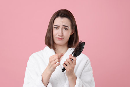Sad woman holding brush with lost hair on pink background. Alopecia problemの写真素材