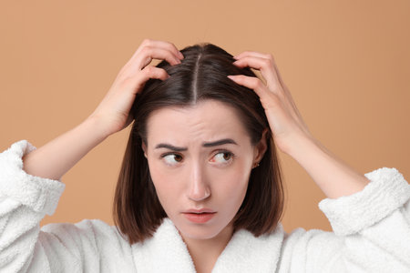 Sad woman with hair loss problem on light brown backgroundの写真素材