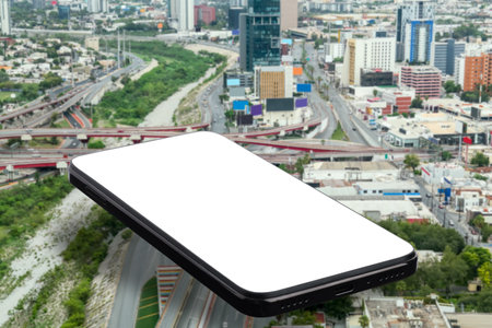 Huge mobile phone with empty screen over city. Space for design