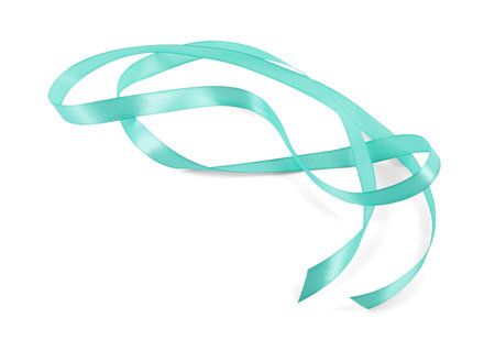 One beautiful turquoise ribbon isolated on whiteの写真素材