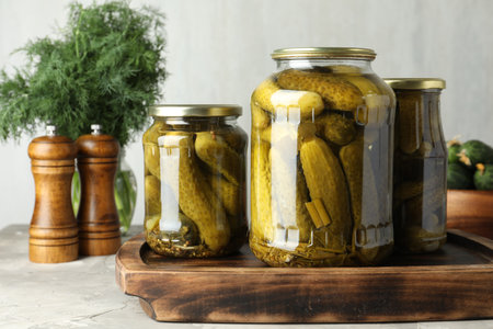 Pickled cucumbers in jars on gray tableの写真素材